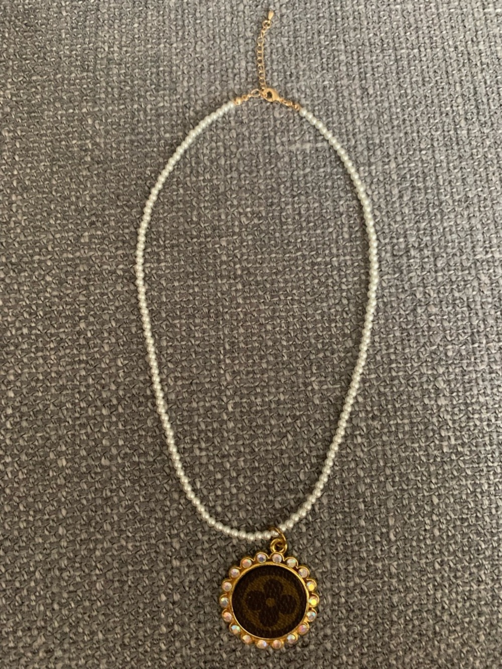 Gold-Tone Pearl Necklace with Rhinestone Pendant